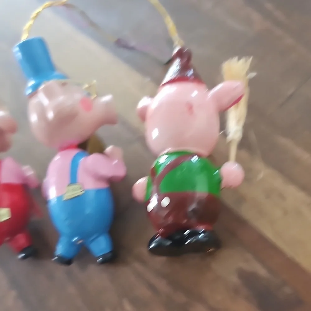 5 Vintage Christmas Pig ORNAMENTS music Sport Book Skiing Wooden 70s 80s Retro